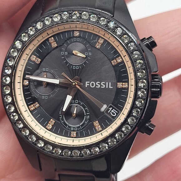 FOSSIL Women's Decker Watch Black Rhinestone Gold Tone - Picture 13 of 13